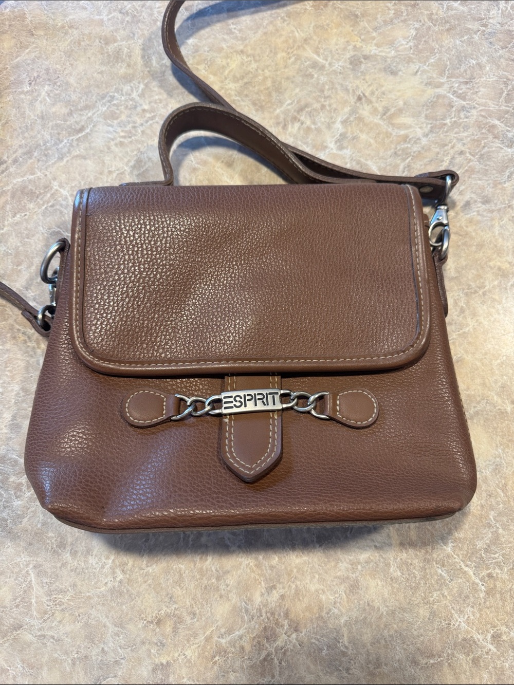 Esprit Brown Pebbled Leather Crossbody Bag with Chain Accent